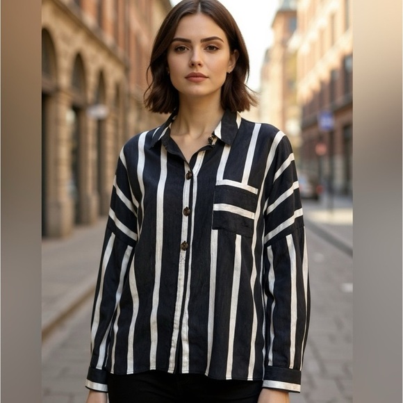 Topshop Tops - Topshop Oversized Navy White Stripe Button Up Shirt Size 12